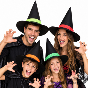 SOMBRERO BRUJA NEGRO CON TIRA FLUO COLORES SURTIDOS
